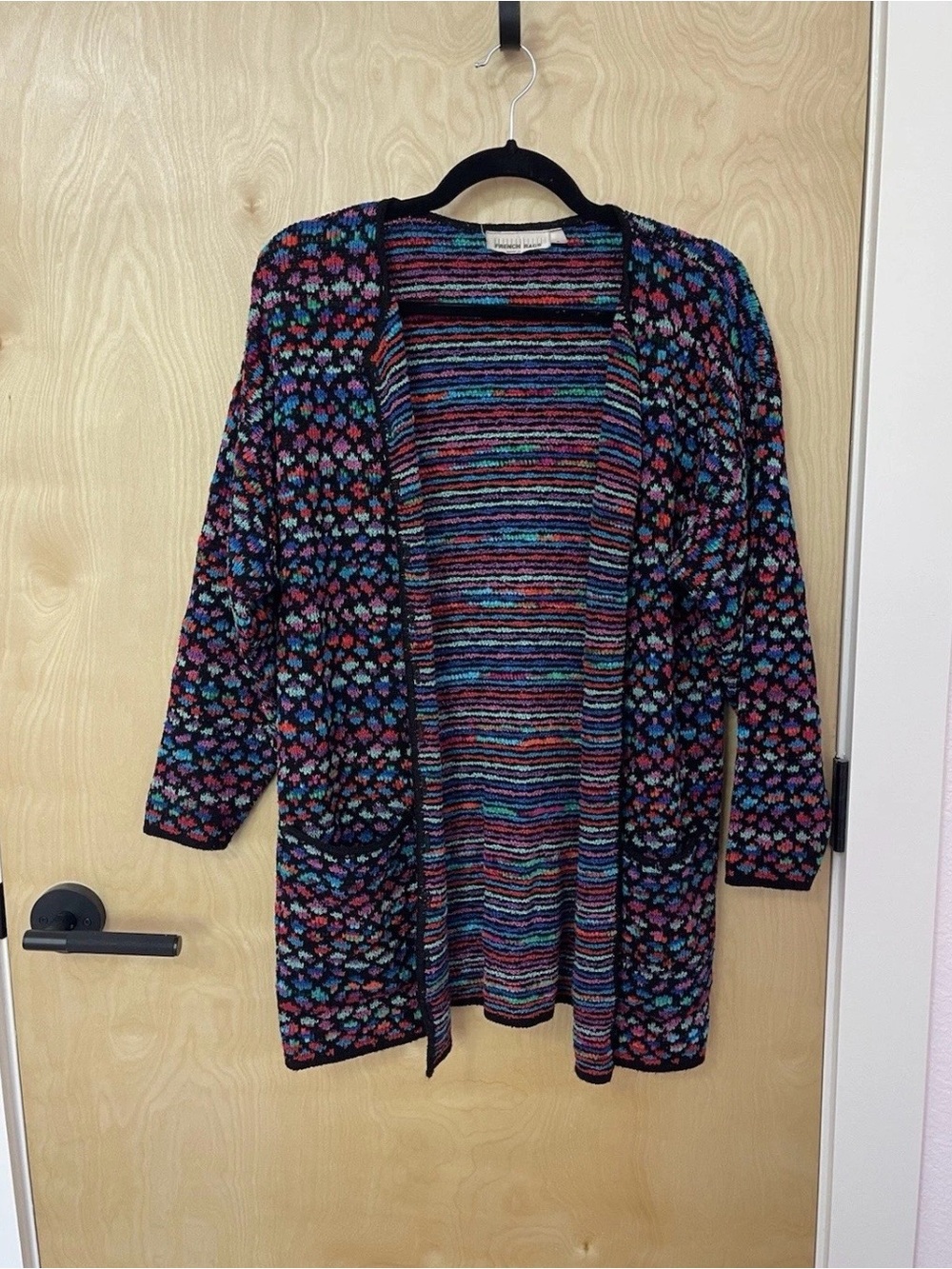Long Open-Front Multicolor Knit Cardigan - Black Base
